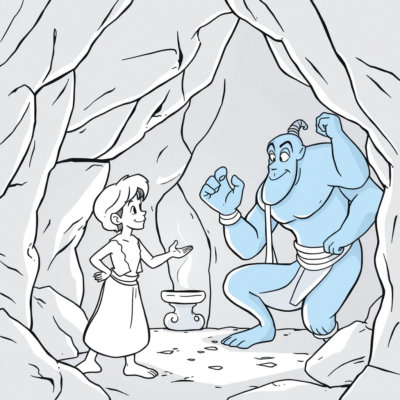 Livre de coloriage : Aladdin et le Génie dans la grotte