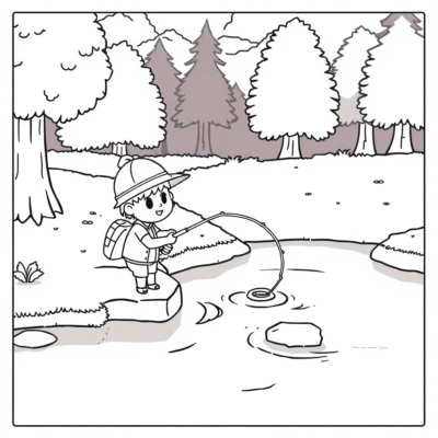 Coloriage : Animal Crossing – Personnage pêchant au bord de la rivière