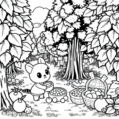 Coloriage : Animal Crossing – Récolte de fruits dans le verger