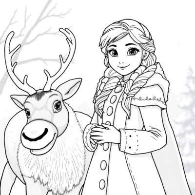 Dessin à colorier : Anna dans un manteau d’hiver avec le renne Sven