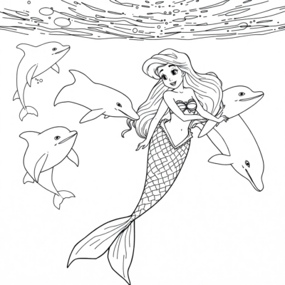 Livre de coloriage : Ariel nage avec les dauphins