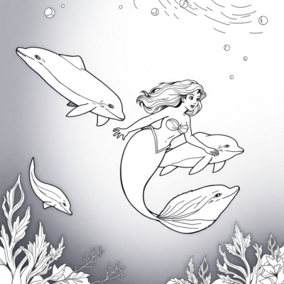 Coloriage : Ariel nage avec les dauphins