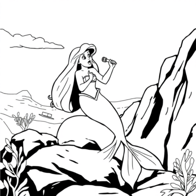 Livre de coloriage : Ariel chante sur le rocher