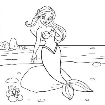 Coloriage: Ariel la sirène à la plage