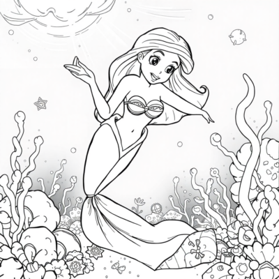 Coloriage : Ariel récolte des trésors au fond de la mer