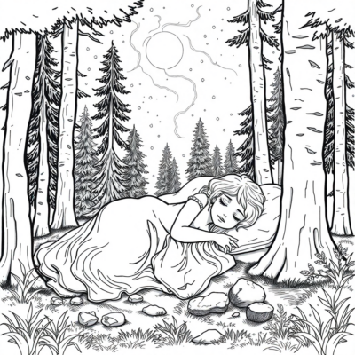 Coloriage : Aurora dormant dans la forêt
