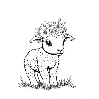 Coloriage : Agneau avec une couronne florale