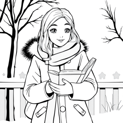 Coloriage : Bella en manteau d’hiver avec un livre