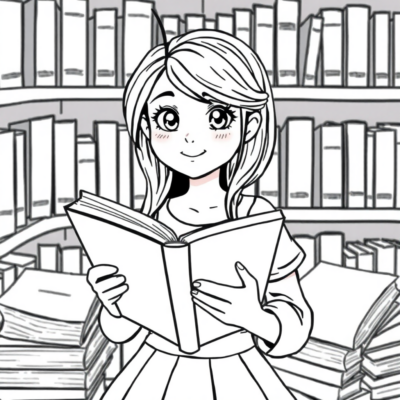 Livre de coloriage : Belle avec un livre à la bibliothèque