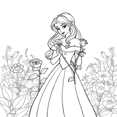 Coloriage : Belle avec une rose dans le jardin enchanté