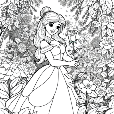 Livre de coloriage : Belle avec une rose dans le jardin enchanté