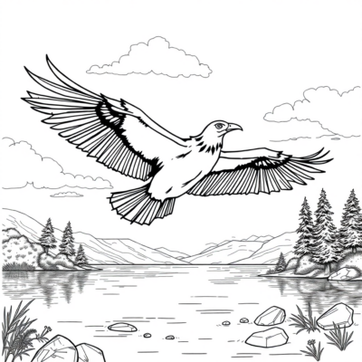 Coloriage : Buckbeak volant au-dessus du lac