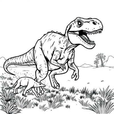 Coloriage : Dinosaure – Allosaure chasse sa proie