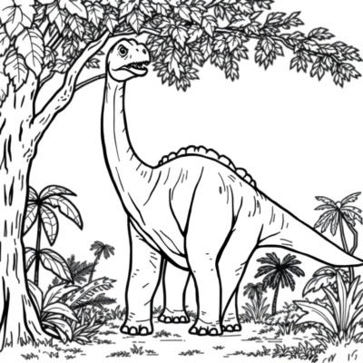 Coloriage : Dinosaure – Brachiosaurus et les feuilles des arbres