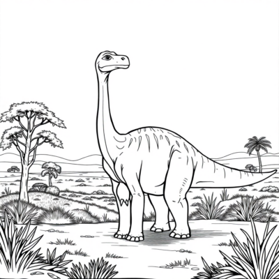 Livre de coloriage : Dinosaure – Dinosaure à long cou dans la savane