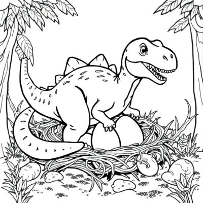 Livre de coloriage : Dinosaure – Dinosaure avec des œufs dans un nid