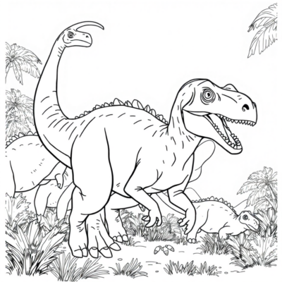 Colorier: Dinosaure – Dromaeosaurus chasse en groupe