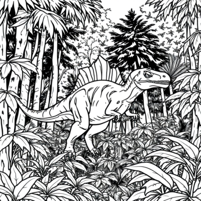 Livre de coloriage : Dinosaure – Compsognathus dans une forêt dense