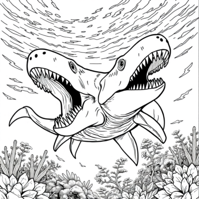 Livre de coloriage : Dinosaure – Le Mégalodon chasse des dinosaures dans la mer