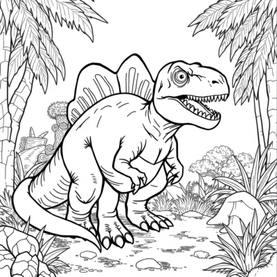 Coloriage : Dinosaure – Jeune dinosaure à la recherche d’un abri