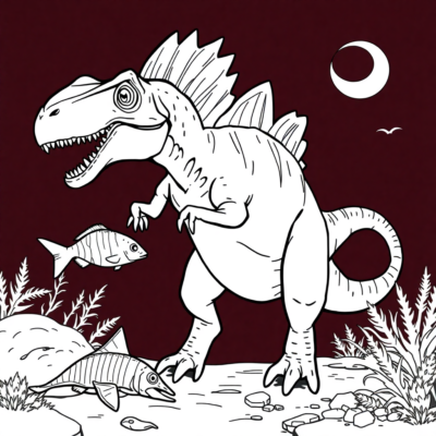Coloriage : Dinosaure – Spinosaurus chasse des poissons