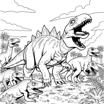 Livre de coloriage : Dinosaure – Styracosaure en lutte contre d’autres dinosaures