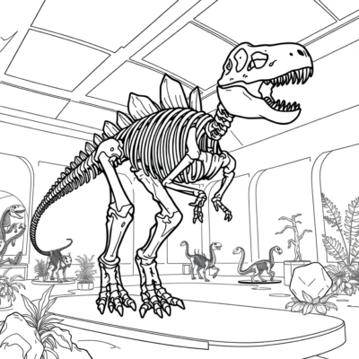 Livre de coloriage : Dinosaure – Squelette de dinosaure au musée