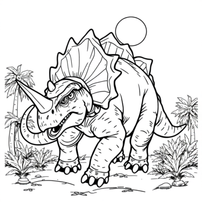Livre de coloriage : Dinosaure – Tricératops défendant son territoire