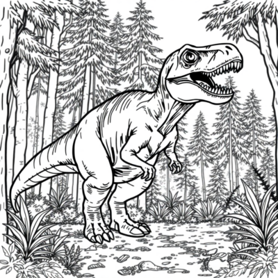 Coloriage : Dinosaure – Tyrannosaure dans la forêt
