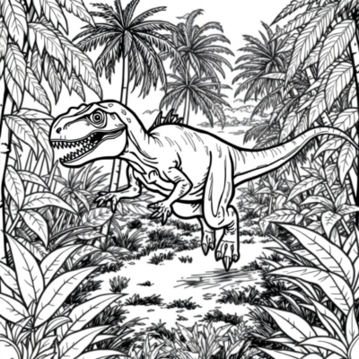 Coloriage : Dinosaure – Velociraptor courant à travers la jungle