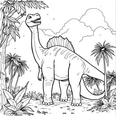 Coloriage : Dinosaurs – Brachiosaurus mangeant des feuilles d’arbres