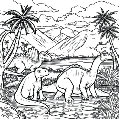 Livre de coloriage : Dinosaures – Dinosaures se reposant près de la rivière