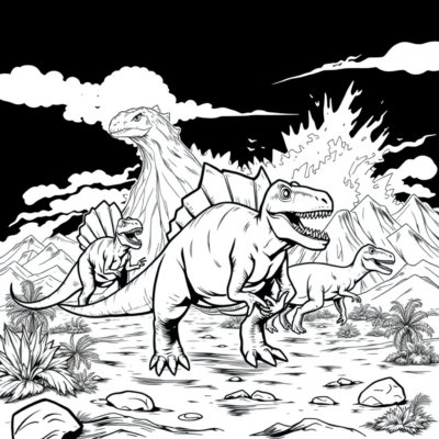 Livre de coloriage : Dinosaures – Dinosaures fuyant l’éruption d’un volcan
