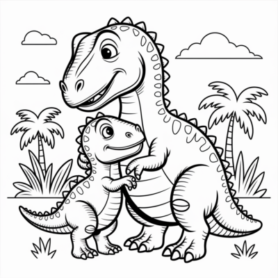 Coloriage : Dinosaures – Petit dinosaure étreint sa maman