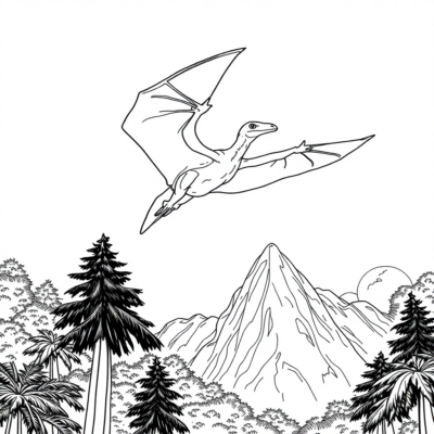 Livre de coloriage : Dinosaures – Le Pteranodon vole haut au-dessus de la forêt