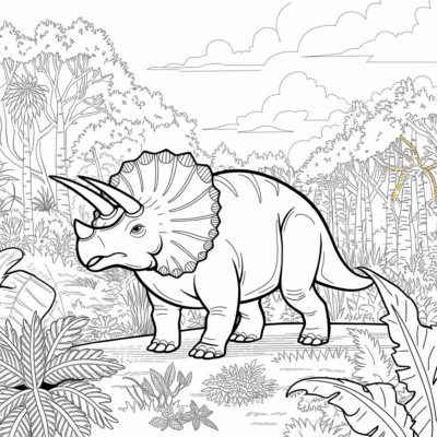 Coloriage : Dinosaures – Triceratops dans la forêt préhistorique