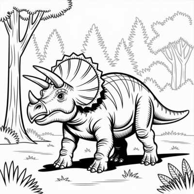 Livre de coloriage : Dinosaures – Tricératops dans la forêt préhistorique