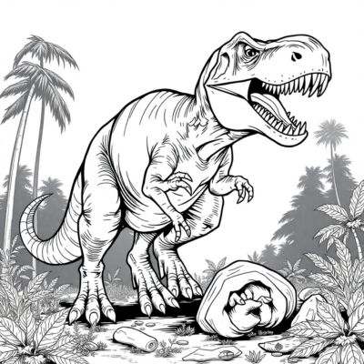 Livre de coloriage : Dinosaures – Le Tyrannosaure chasse sa proie