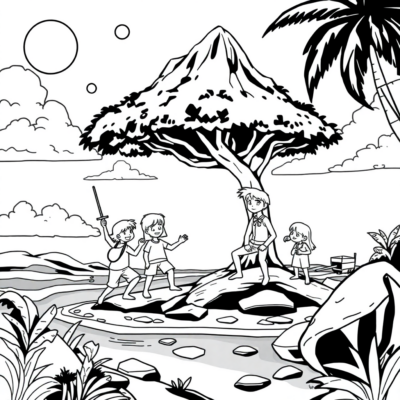 Livre de coloriage : Pour les enfants plus âgés – L’équipe découvre une île perdue