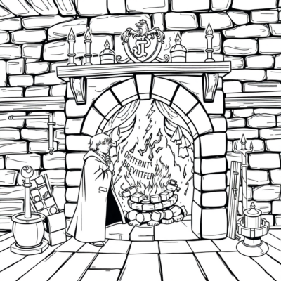 Livre de coloriage : La Salle Commune de Gryffondor près de la cheminée