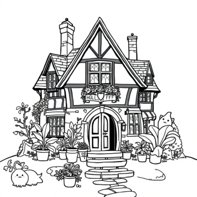 Livre de coloriage : La maison Hufflepuff avec des plantes