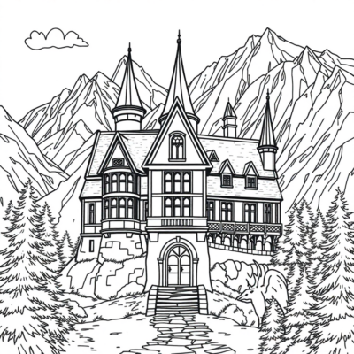 Colorier: Maison Ravenclaw avec vue sur les montagnes