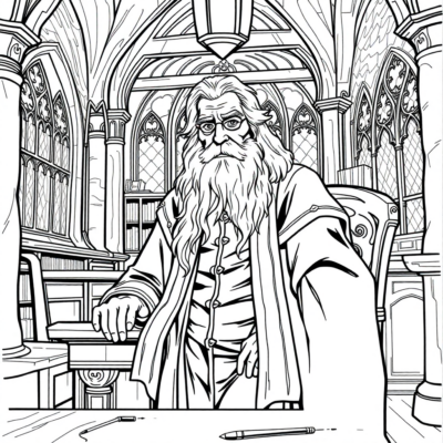 Coloriage : Dumbledore au bureau à Poudlard