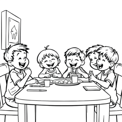 Livre de coloriage : Enfants riant autour de la table