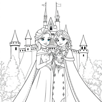 Coloriage : Elsa et Anna ensemble dans le château