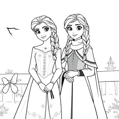 Livre de coloriage : Elsa et Anna en tenues de fête