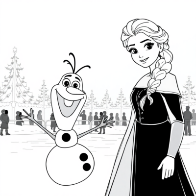 Coloriage : Elsa et Olaf sur la patinoire