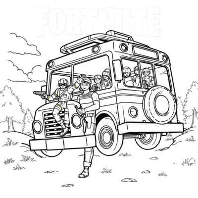 Coloriage : Fortnite – Débarquement du bus de combat