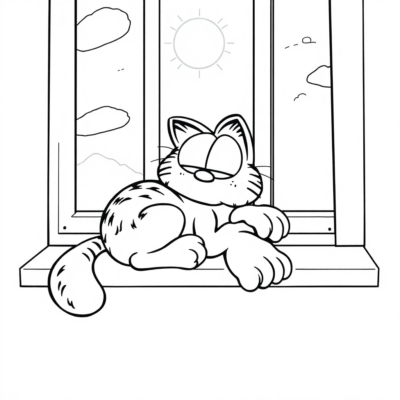Coloriage : Garfield – Garfield dort au soleil sur le rebord de la fenêtre