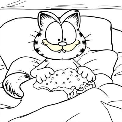 Coloriage : Garfield – Garfield au lit avec de la lasagne